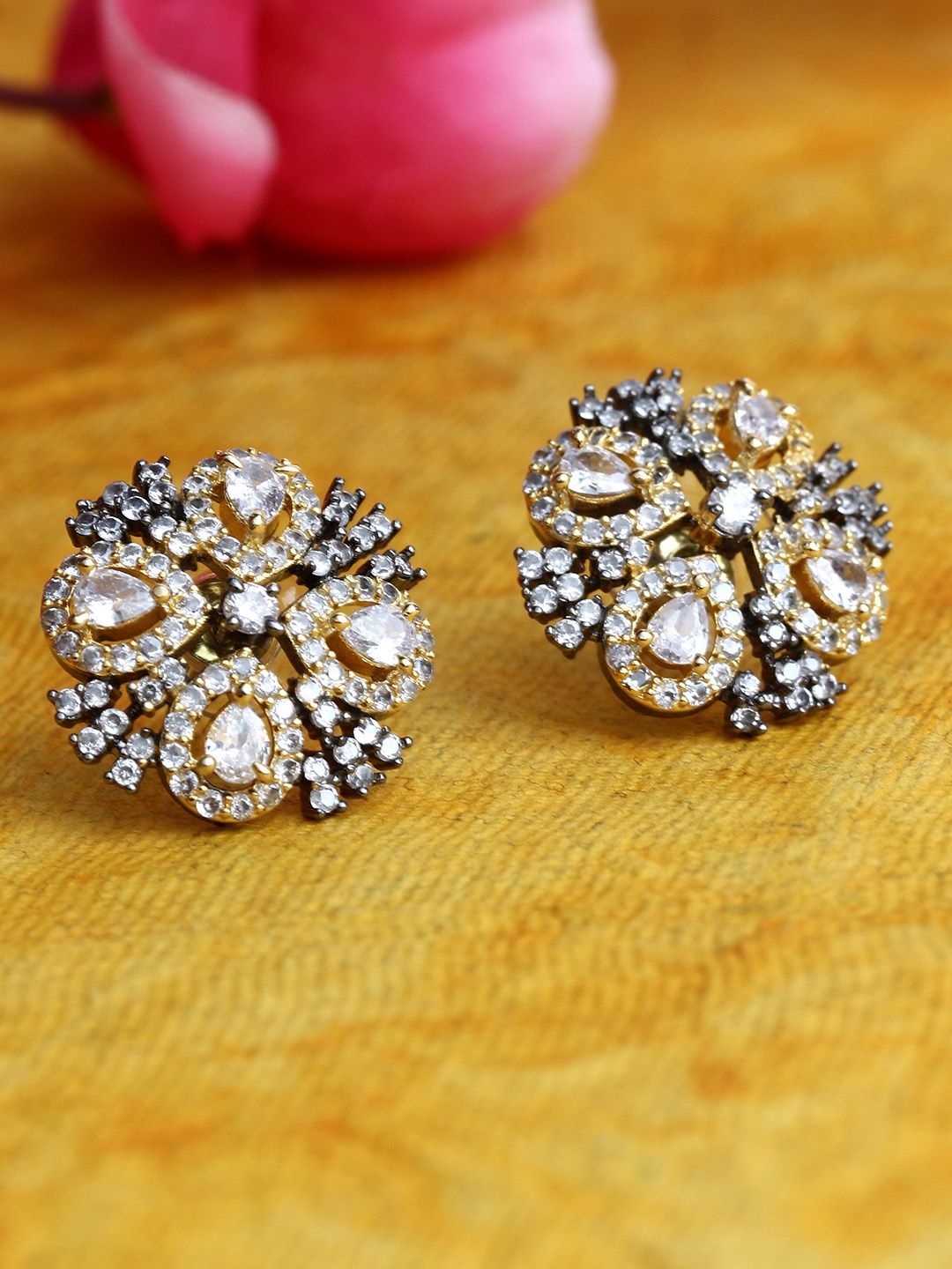 Bhana Fashion Rhodium-Plated American Diamond Circular Studs, Gold