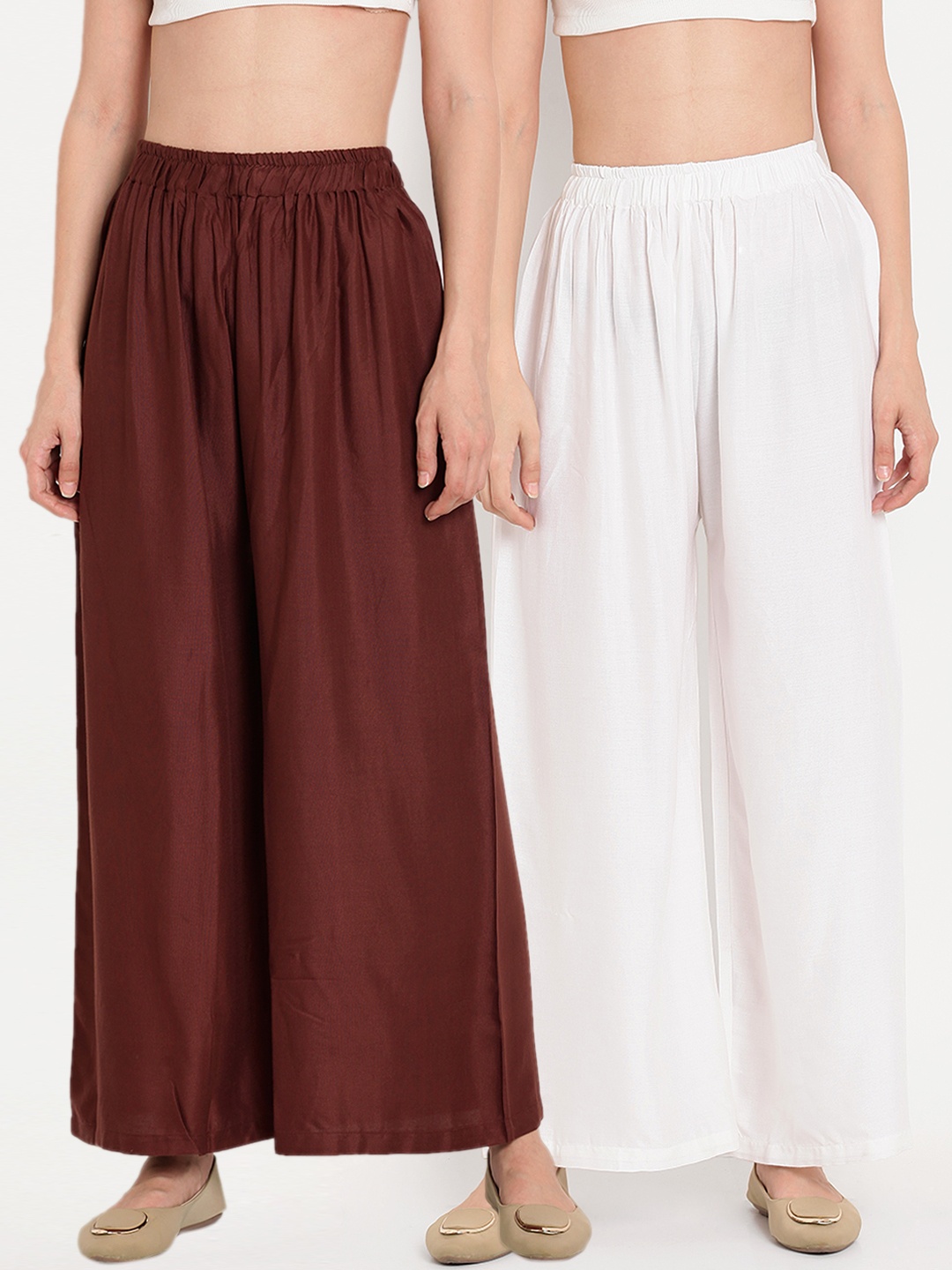 

TAG 7 Women Pack of 2 Solid Flared Palazzos, White