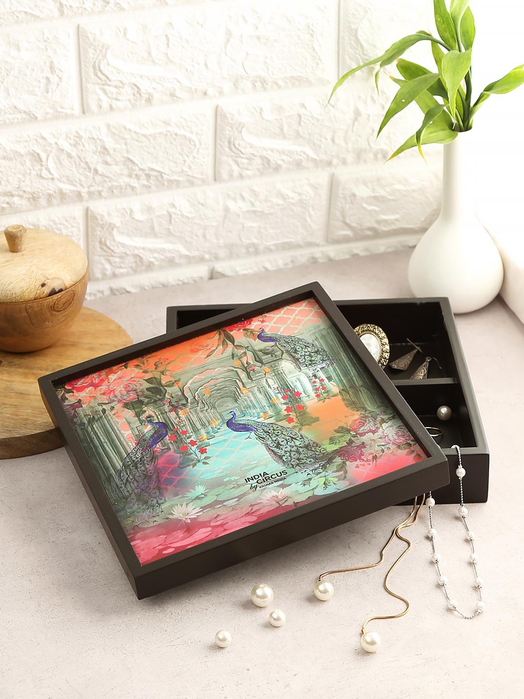 

India Circus by Krsnaa Mehta Green & Orange Peacock Dwar Small Storage Box