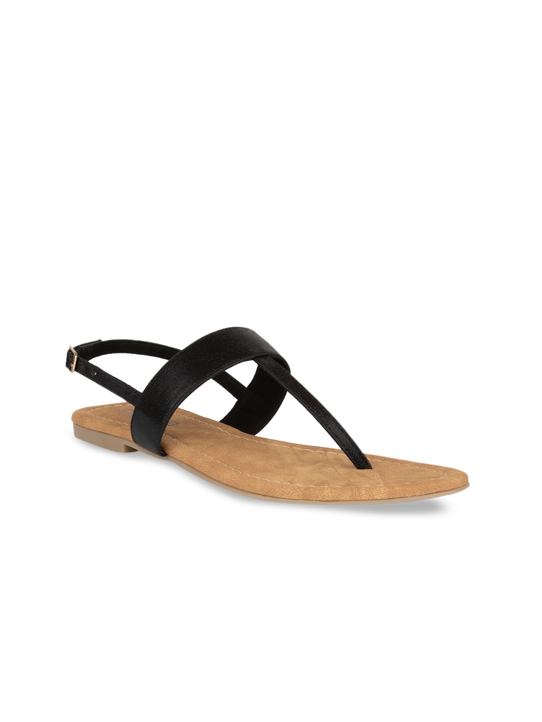 

SOLES Women Black Solid T-Strap Flats