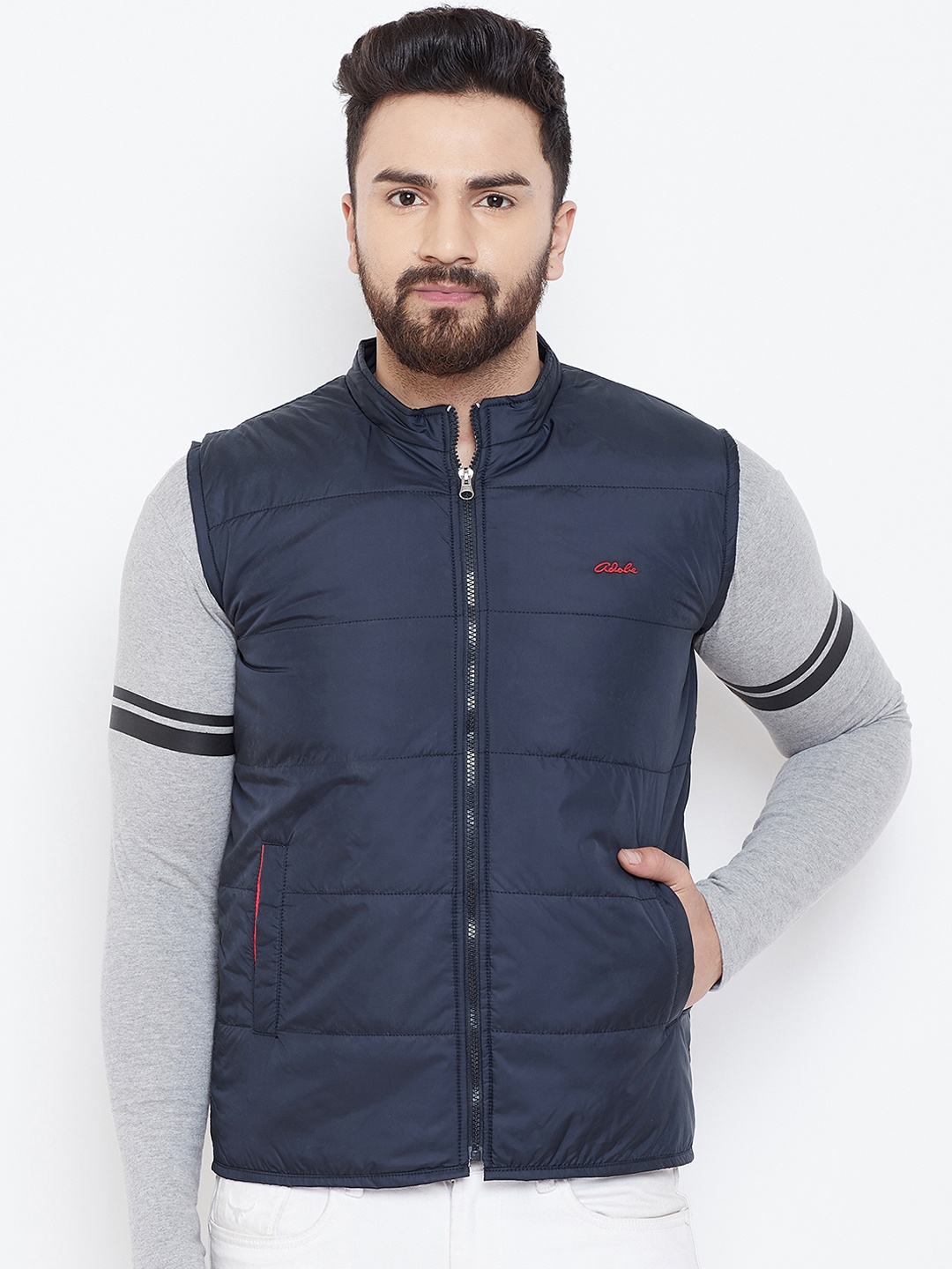 

Adobe Men Navy Blue Solid Padded Jacket