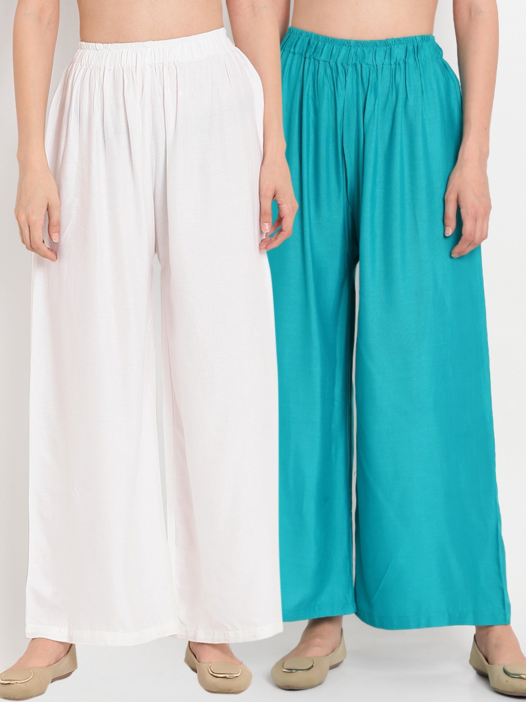 

TAG 7 Women Pack Of 2 White & Teal Blue Solid Flared Palazzos