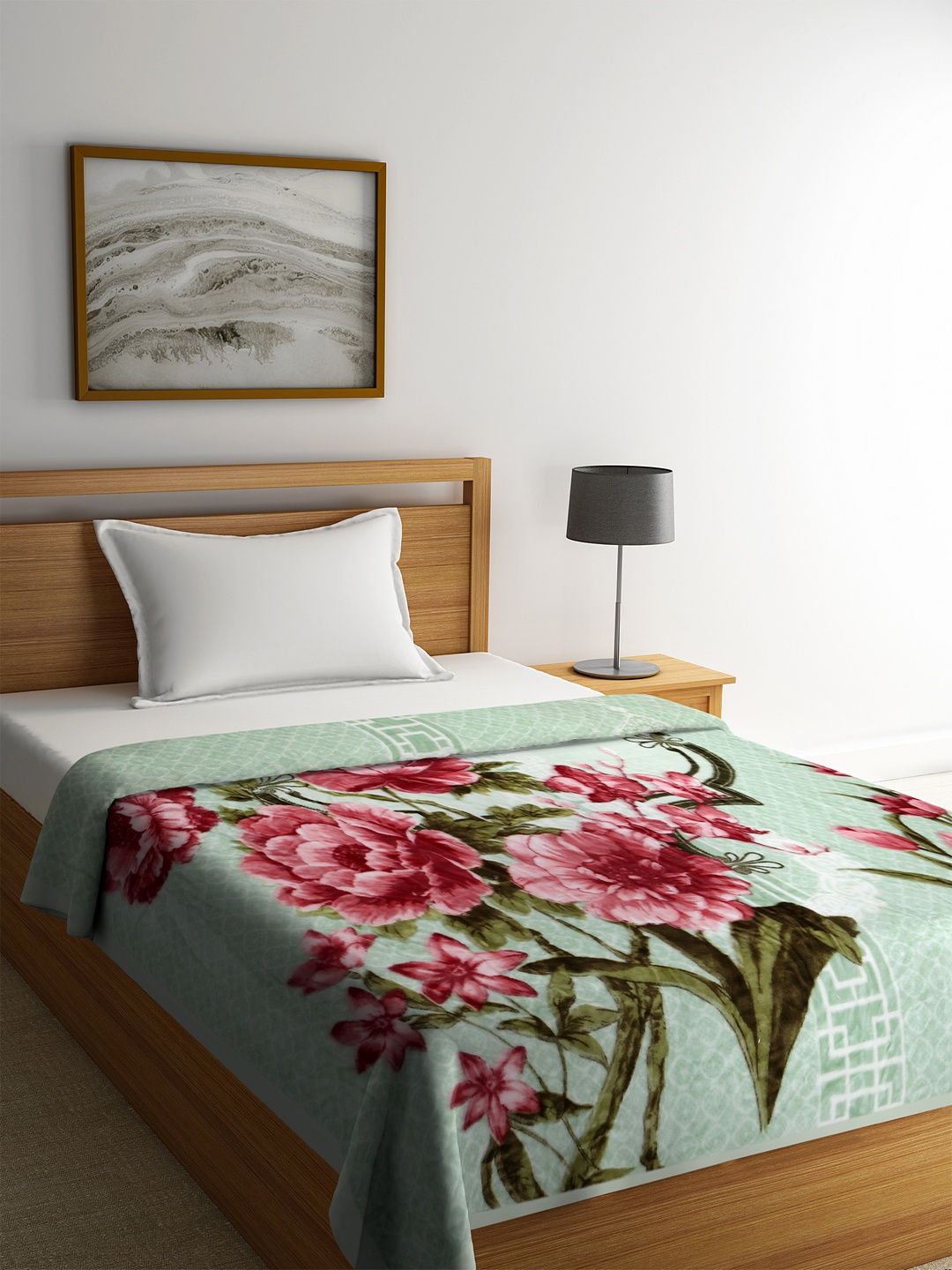 

BOMBAY DYEING Green & Pink Floral 600 GSM Heavy Winter Single Bed Blanket