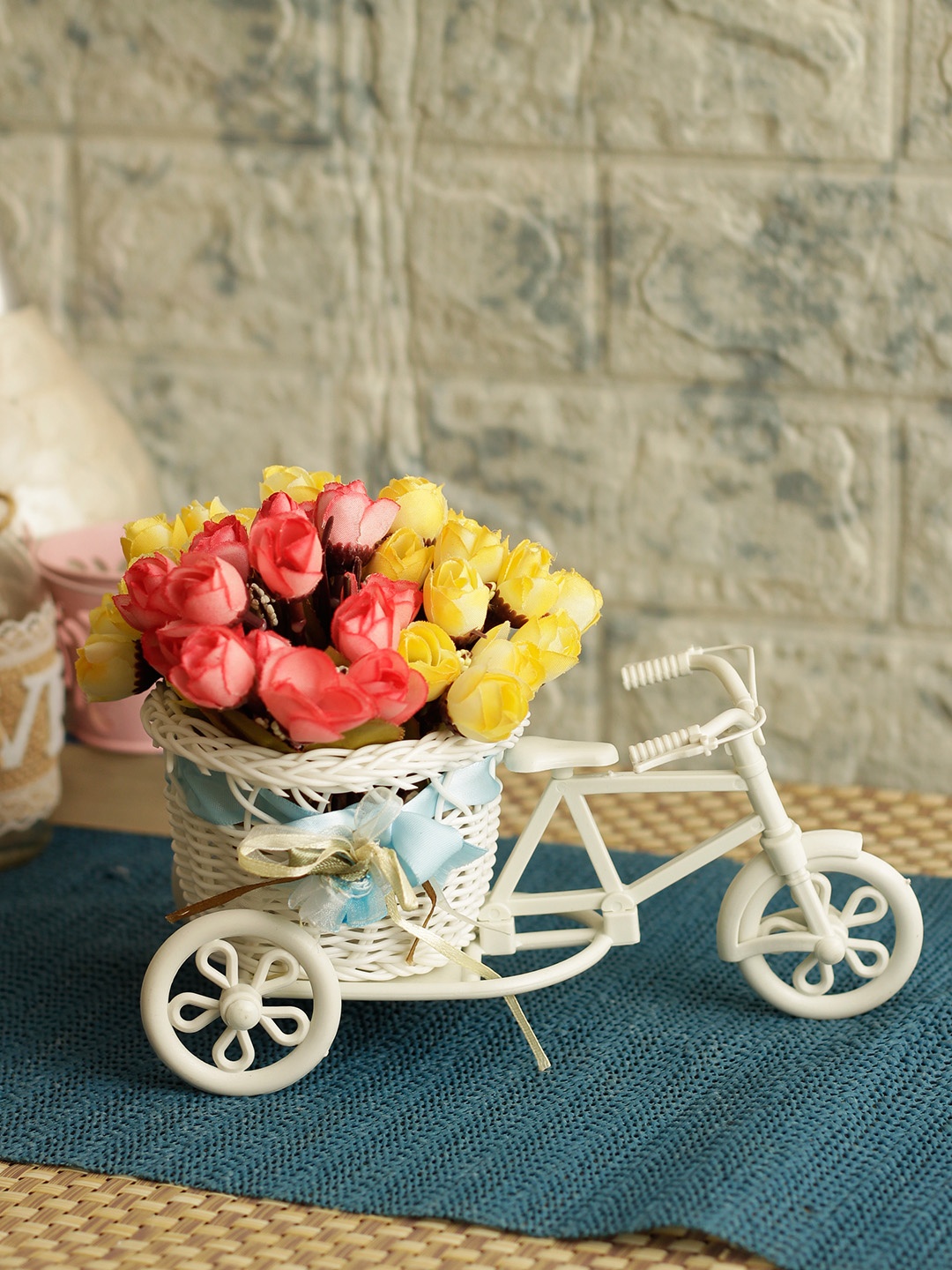 TIED RIBBONS Set of 2 Yellow & White Artificial Flower Bunches With Vase