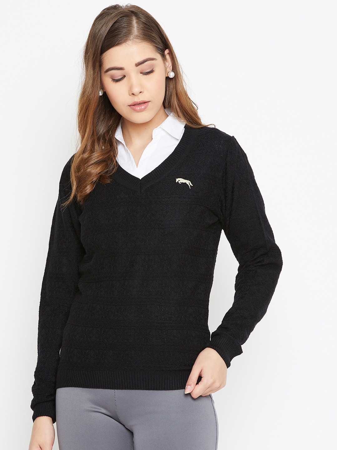 

JUMP USA Women Black Self Design Acrylic Pullover Sweater