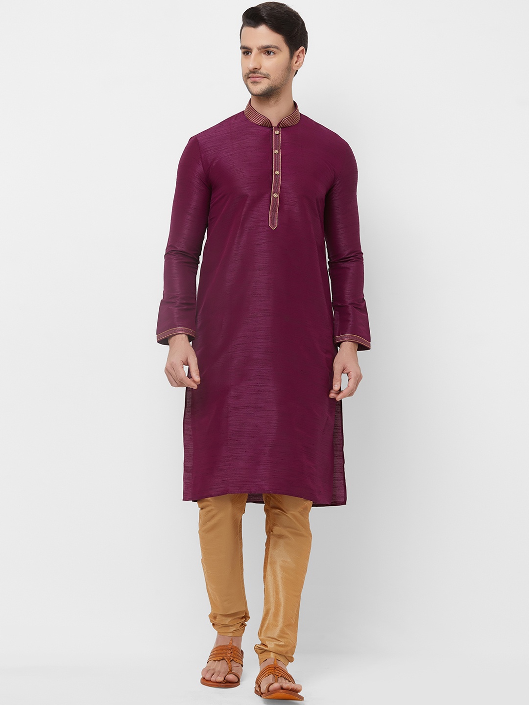 N Dot Men Purple & Beige Solid Kurta with Churidar