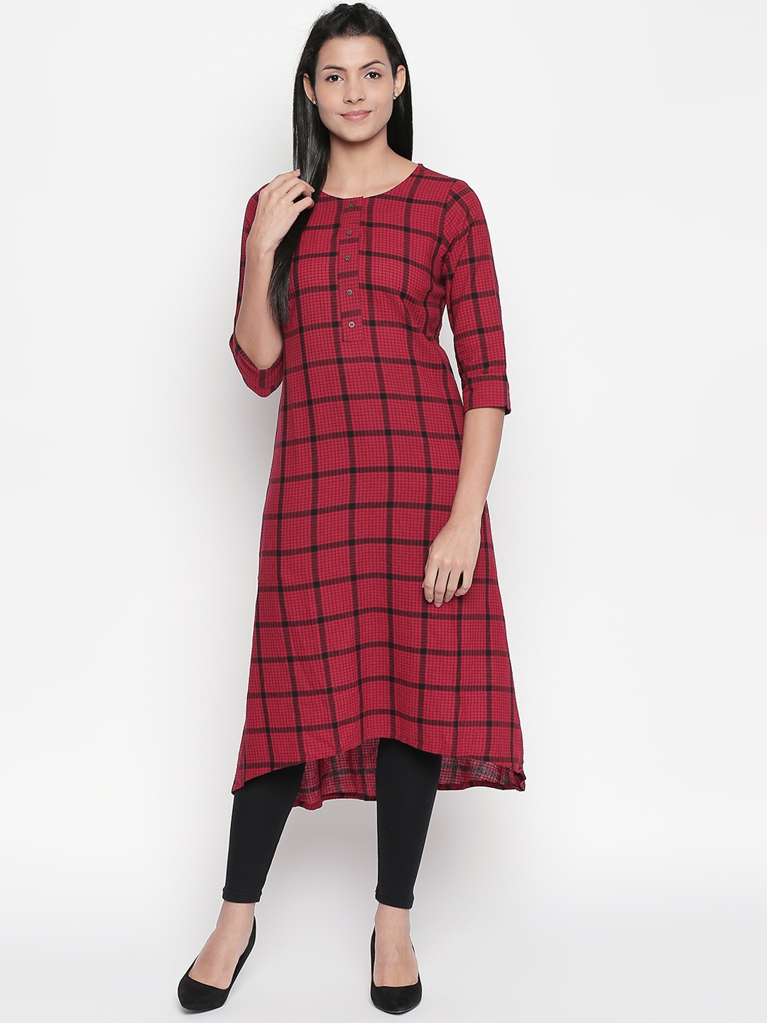 

RANGMANCH BY PANTALOONS Women Red & Black Checked A-Line Kurta