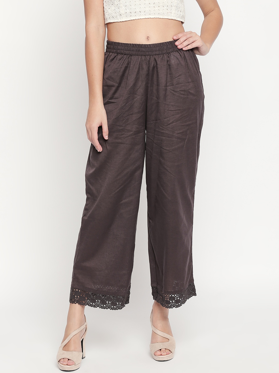 

RANGMANCH BY PANTALOONS Women Cotton Regular Fit Solid Parallel Trousers, Brown