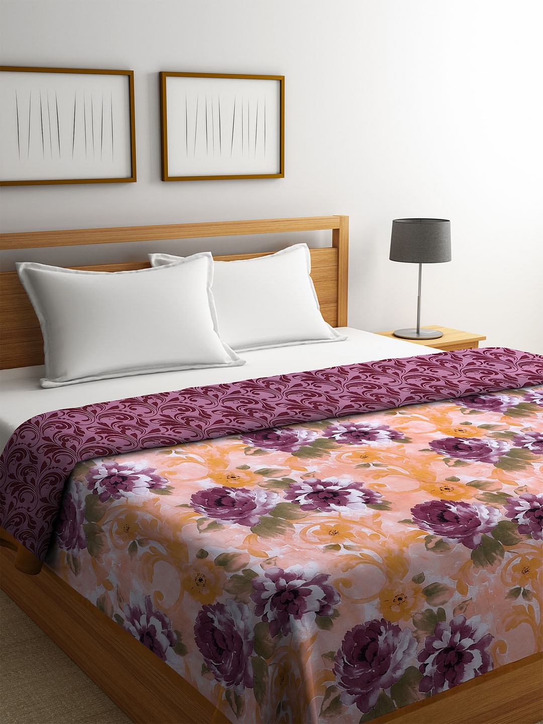 

ROMEE Peach-Coloured & Purple Floral AC Room 300 GSM Double Bed Dohar