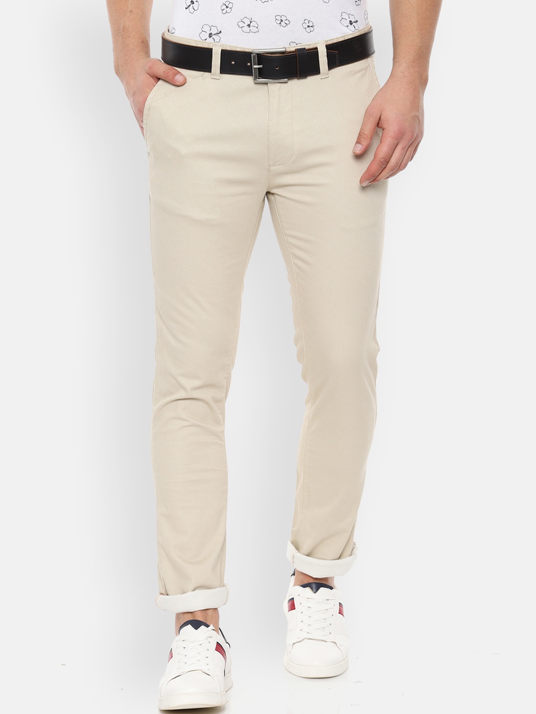 V Dot Men Beige Slim Fit Self Design Regular Trousers