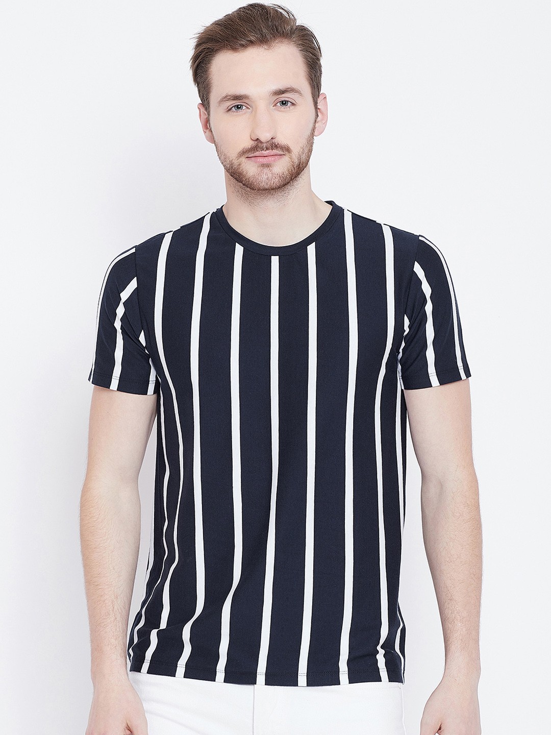 

LE BOURGEOIS Men Navy Blue Striped Round Neck Pure Cotton T-shirt