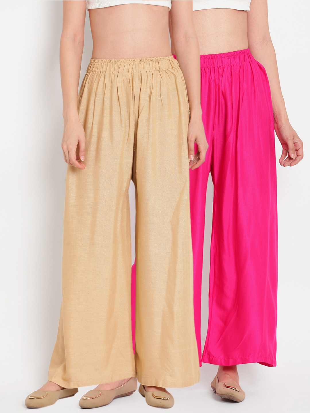 

TAG 7 Women Pack Of 2 Pink & Beige Solid Flared Palazzos