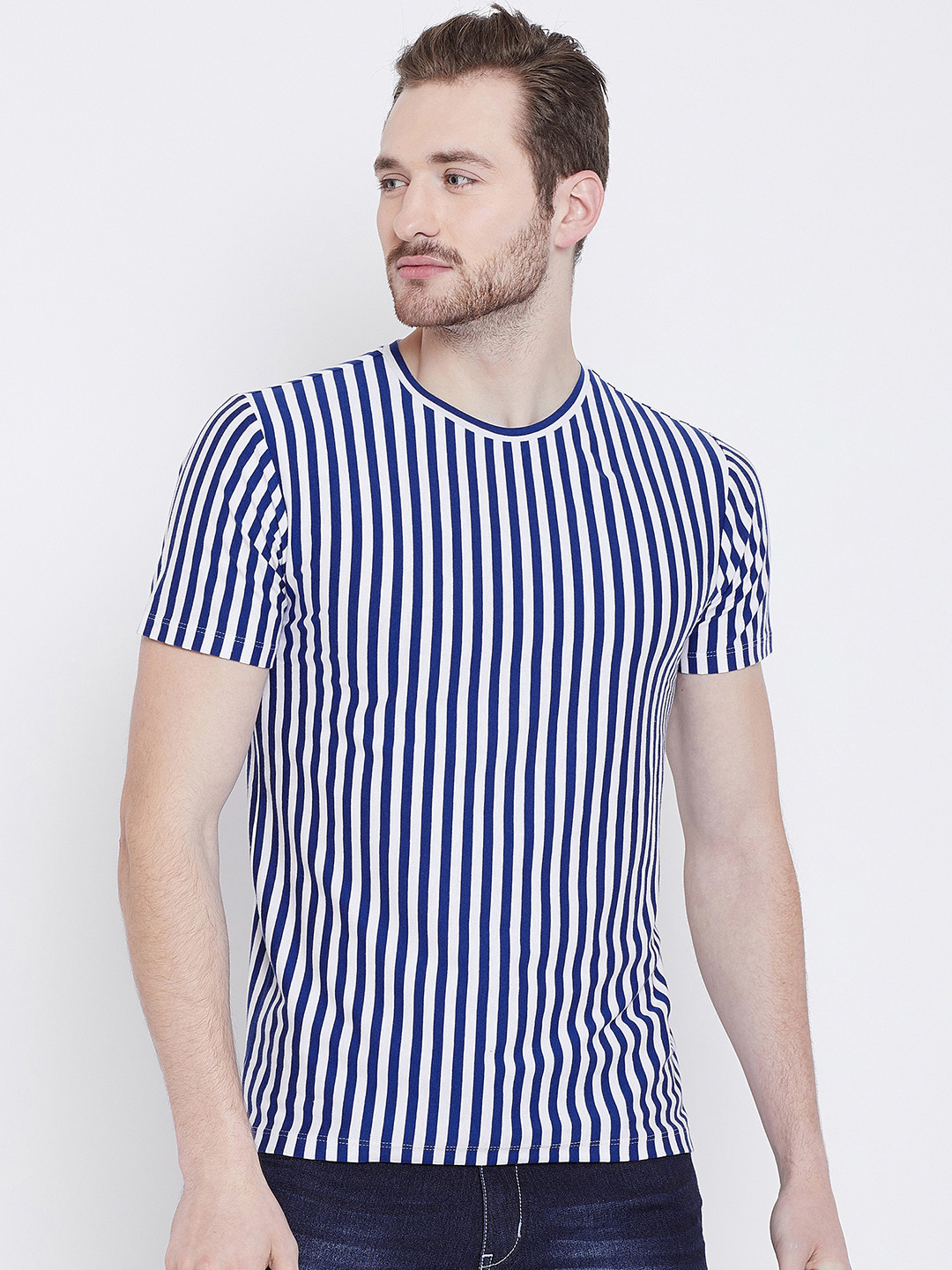 

LE BOURGEOIS Men Blue Striped Round Neck Pure Cotton T-shirt
