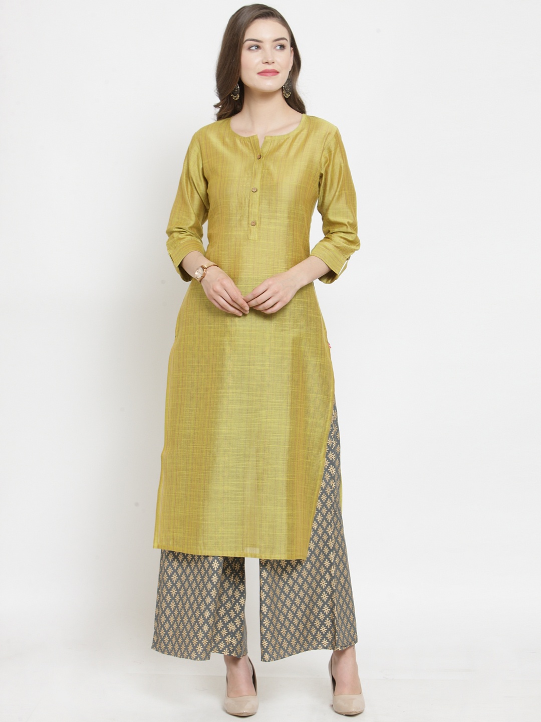 

Varanga Women Olive Green Solid Handloom Kurta with Palazzos