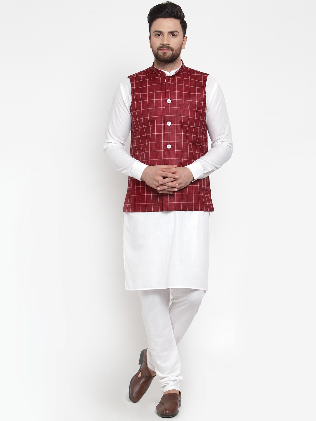 

Jompers Men White & Maroon Solid Kurta with Churidar And Nehru Jacket