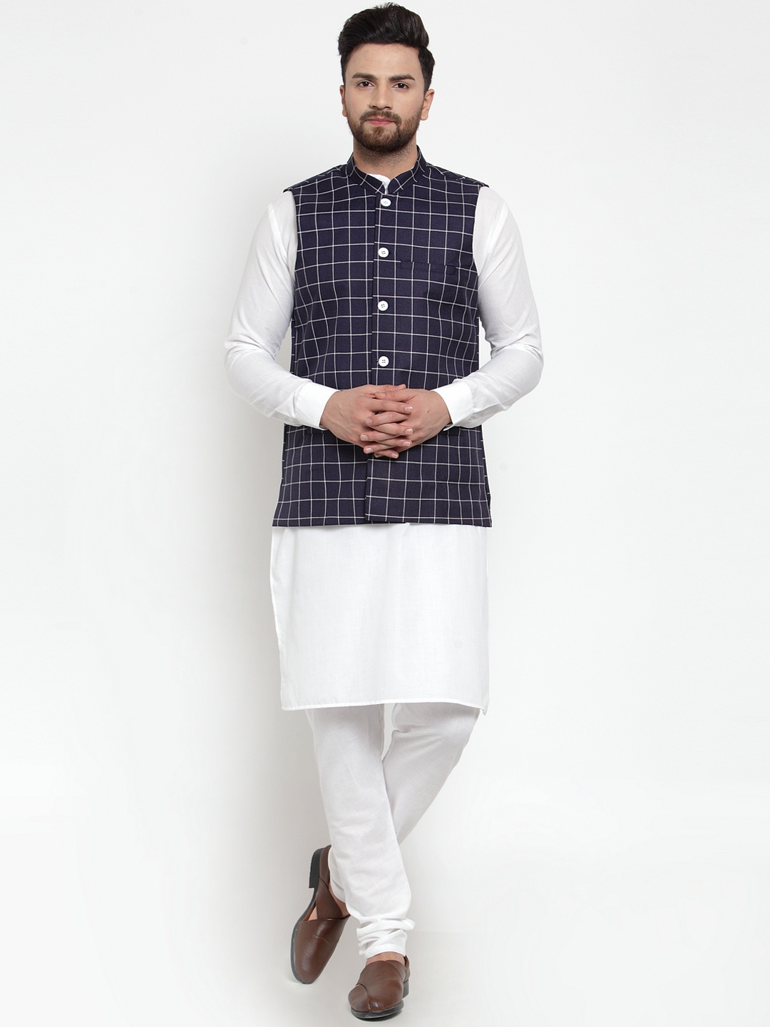 Jompers Men White & Blue Solid Kurta with Churidar And Nehru Jacket