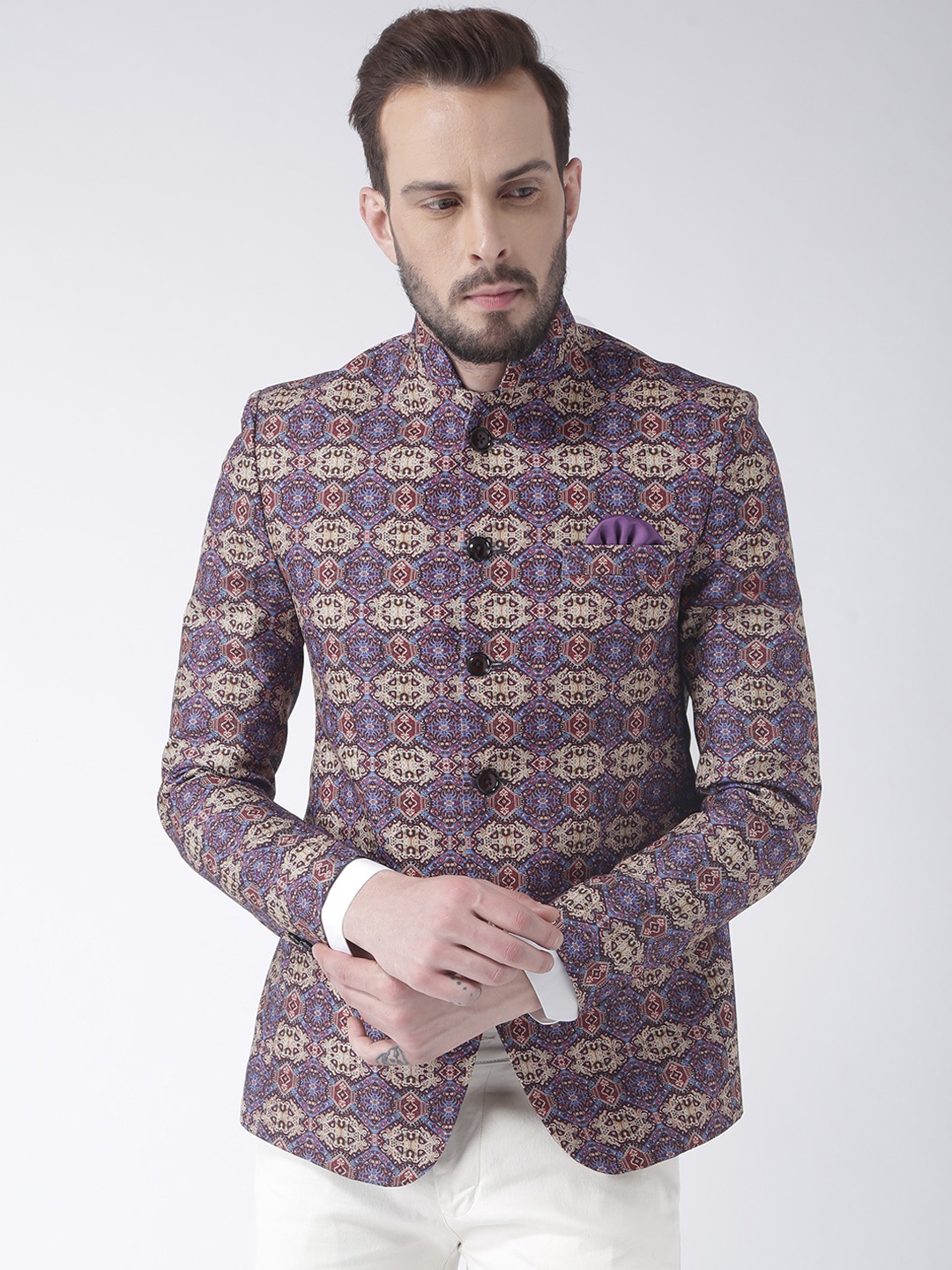 

Hangup Men Purple & Beige Printed Single-Breasted Bandgala Blazer