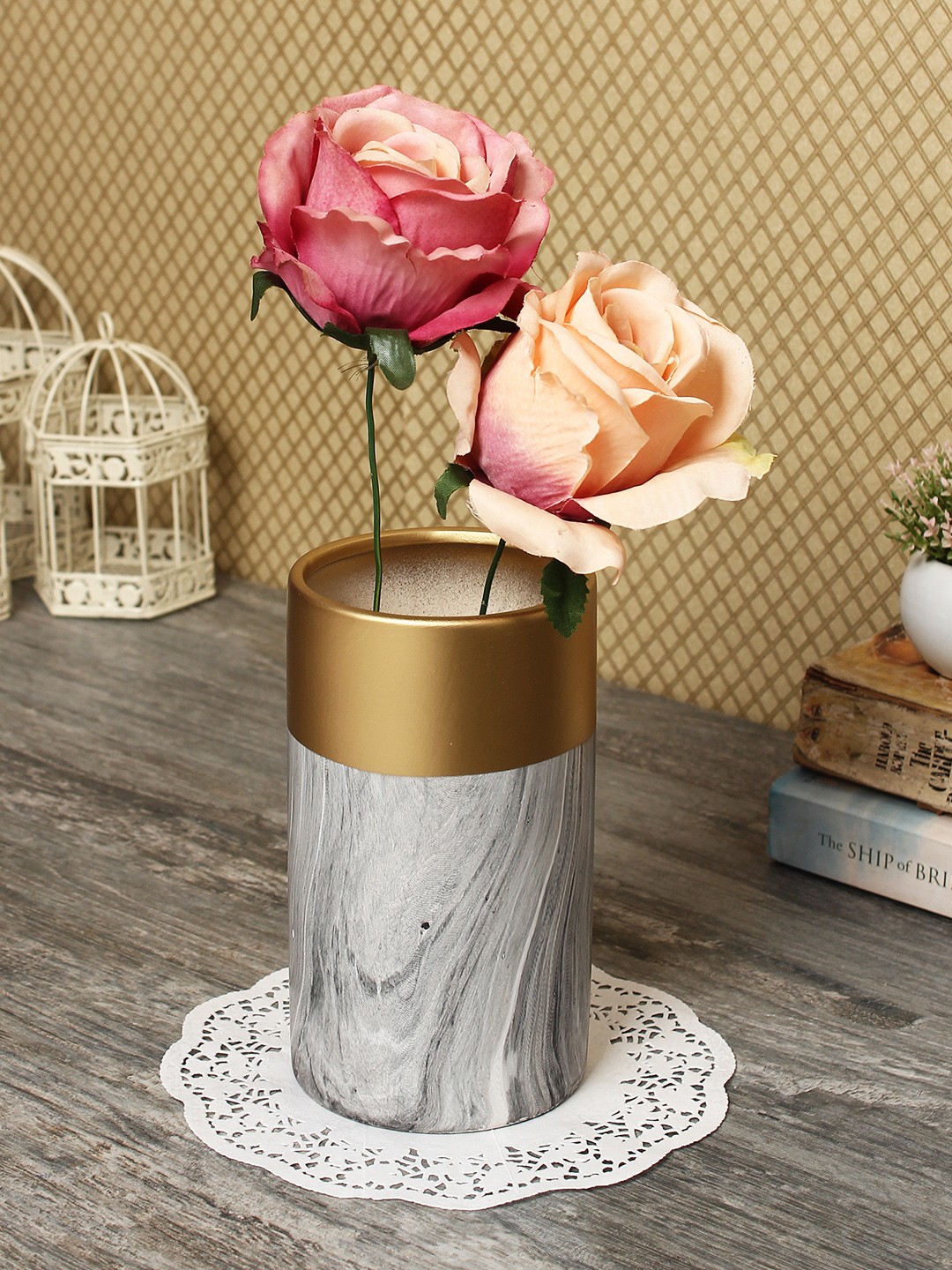 

House Of Accessories Grey & Gold-Toned Ceramic Flower Vase