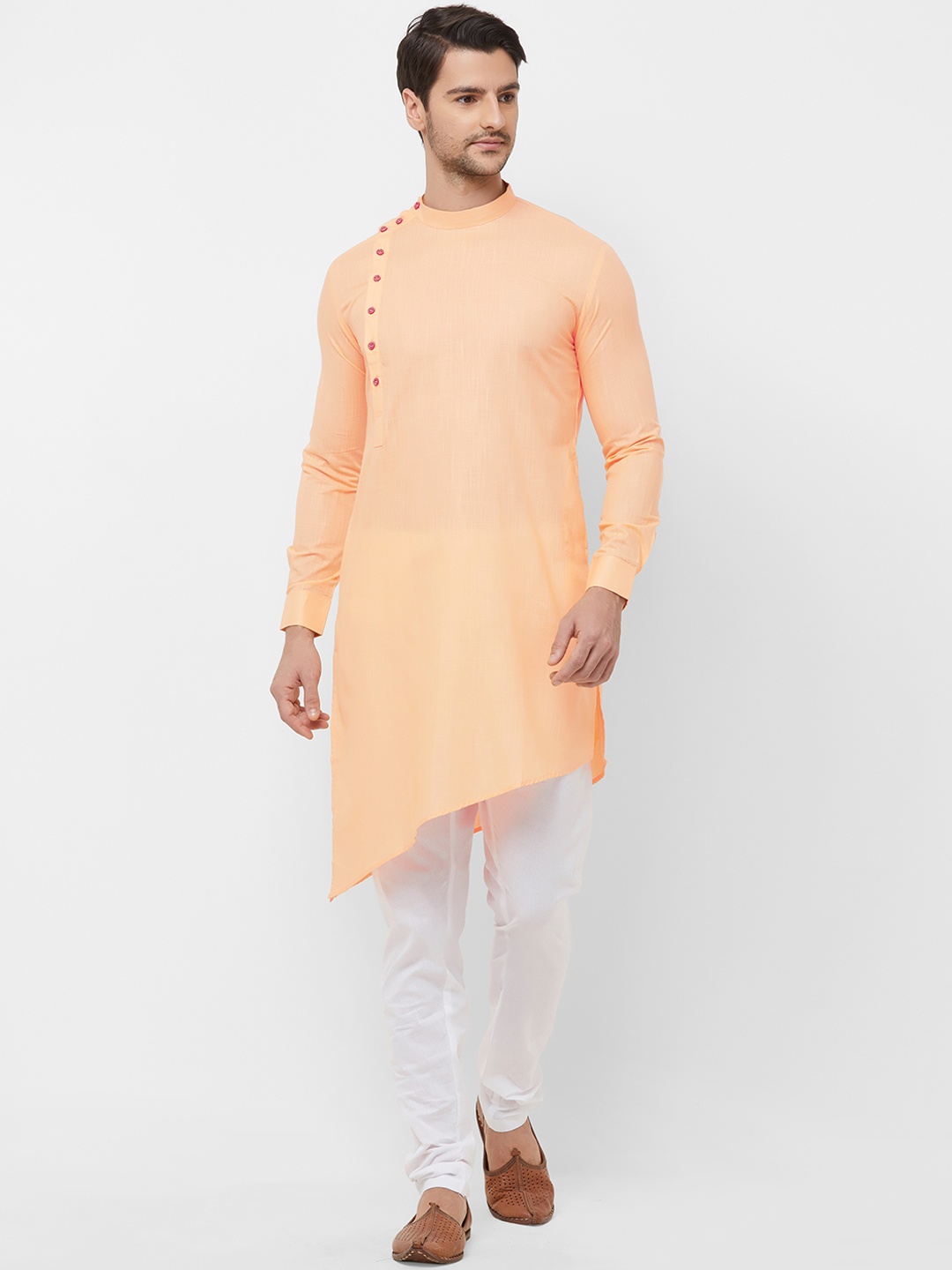 N Dot Men Orange & White Solid Kurta with Churidar