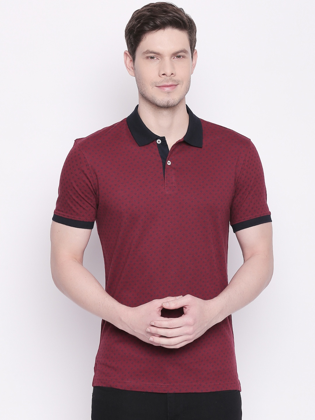 

BYFORD by Pantaloons Men Maroon Printed Polo Collar Pure Cotton T-shirt