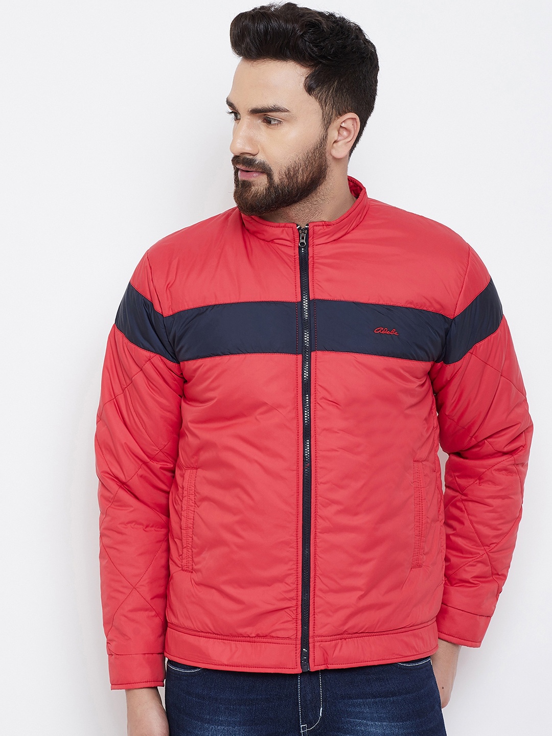 

Adobe Men Red Striped Quilted Jacket