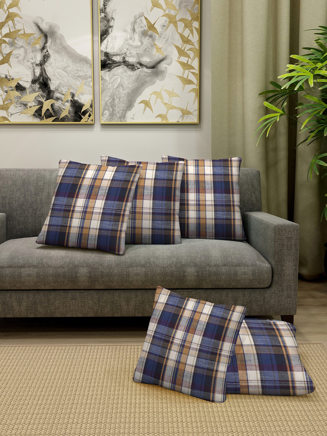 

KLOTTHE Blue & White Set of 5 Checked Square Cushion Covers