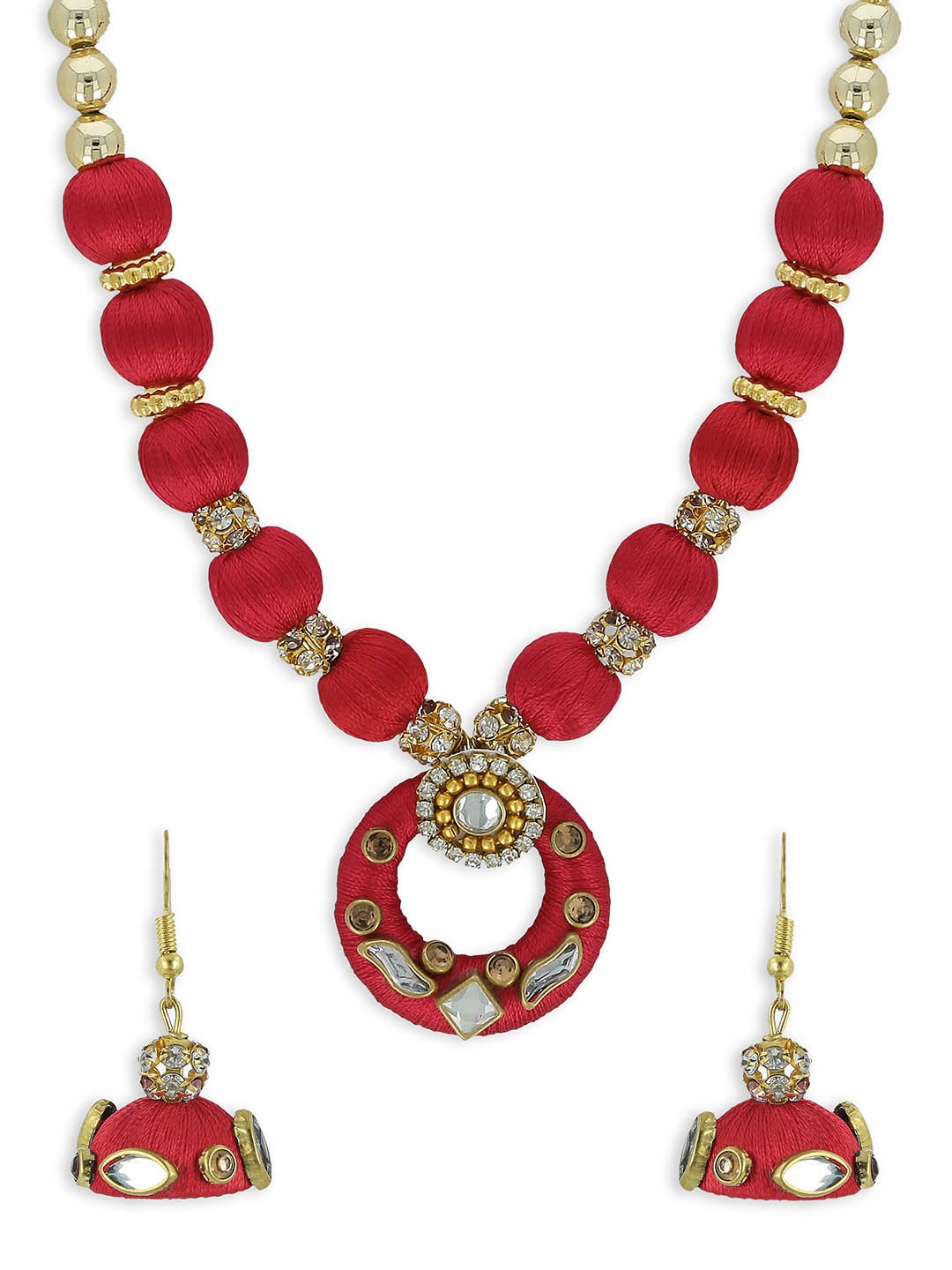 

AKSHARA Girls Red & Gold-Toned Kundan Studded Handcrafted Beaded Jewellery Set