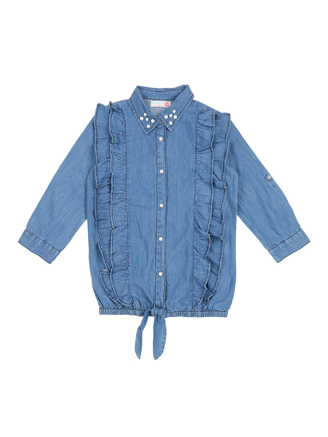 

Pantaloons Junior Girls Blue Regular Fit Solid Embellished Denim Casual Shirt