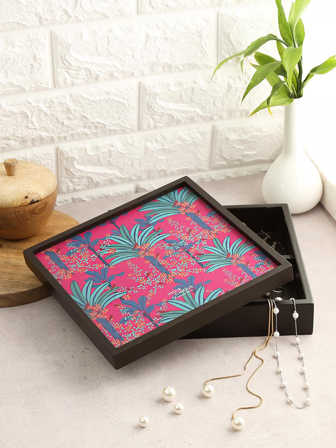 

India Circus by Krsnaa Mehta Magenta & Green Royal Palms Small Storage Box