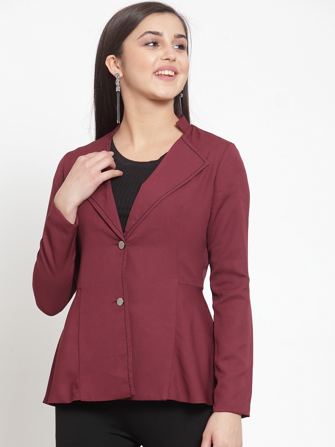 

KASSUALLY Women Maroon Solid Flared Hem Single-Breasted Blazer