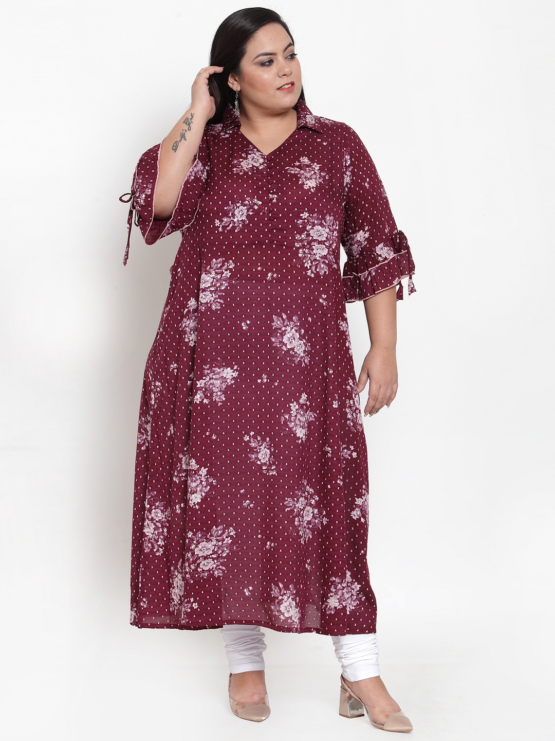 

plusS Women Maroon & White Floral Printed A-Line Kurta