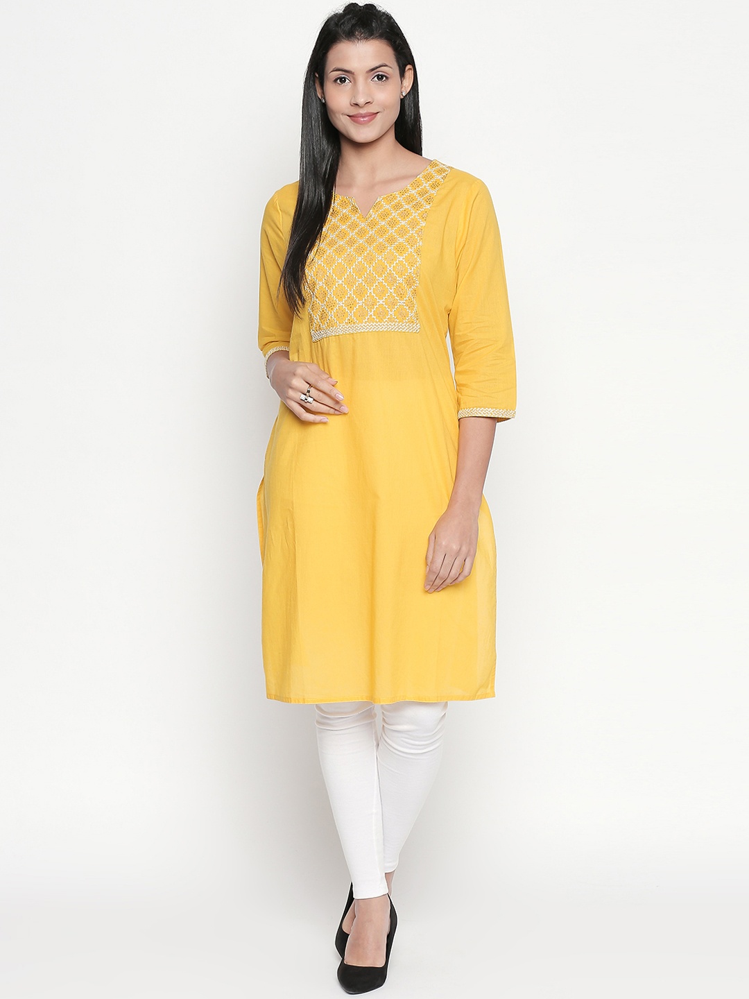 

RANGMANCH BY PANTALOONS Women Yellow Yoke Design Straight Kurta