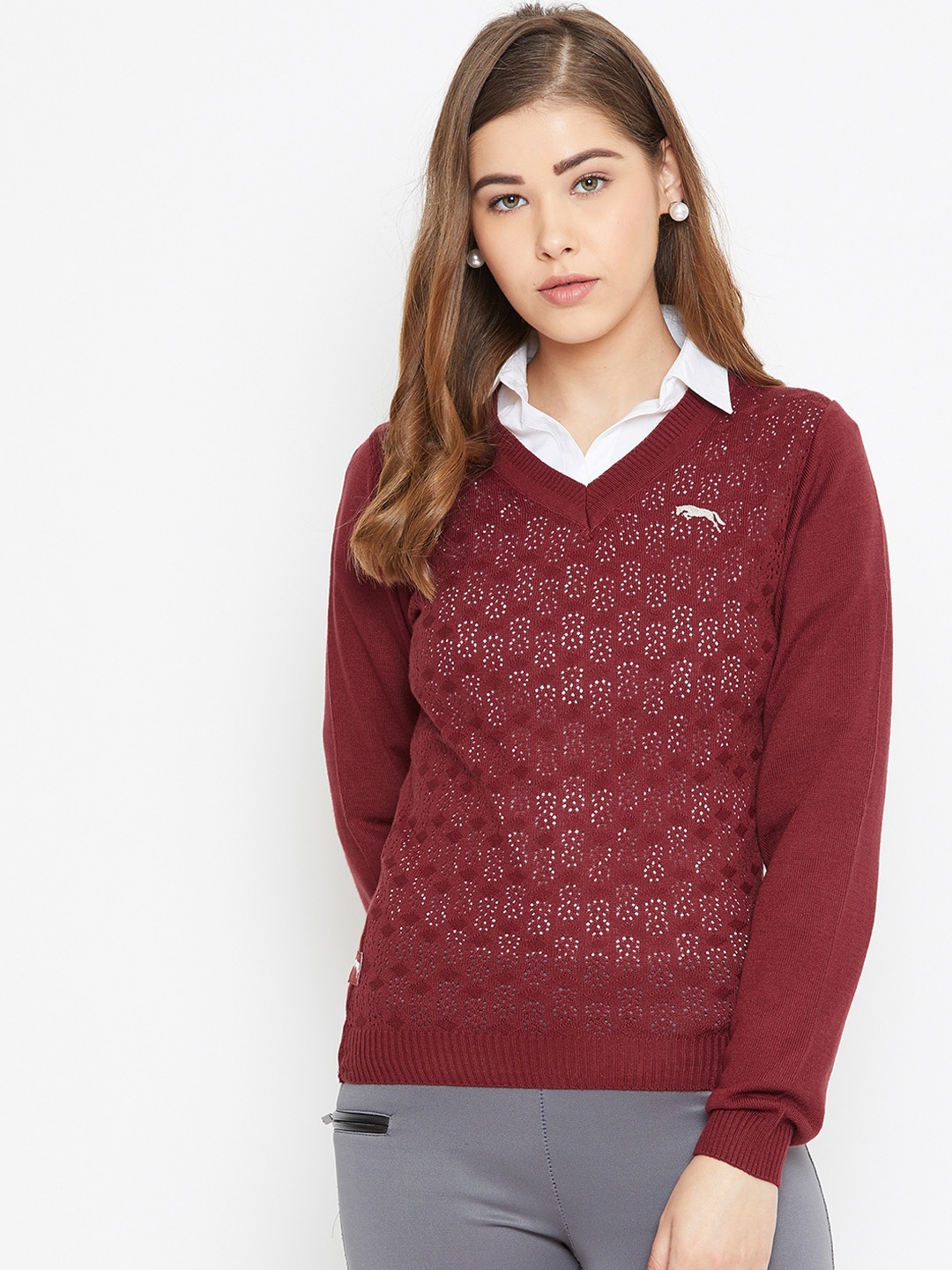 JUMP USA Women Red Self Design Acrylic Pullover Sweater