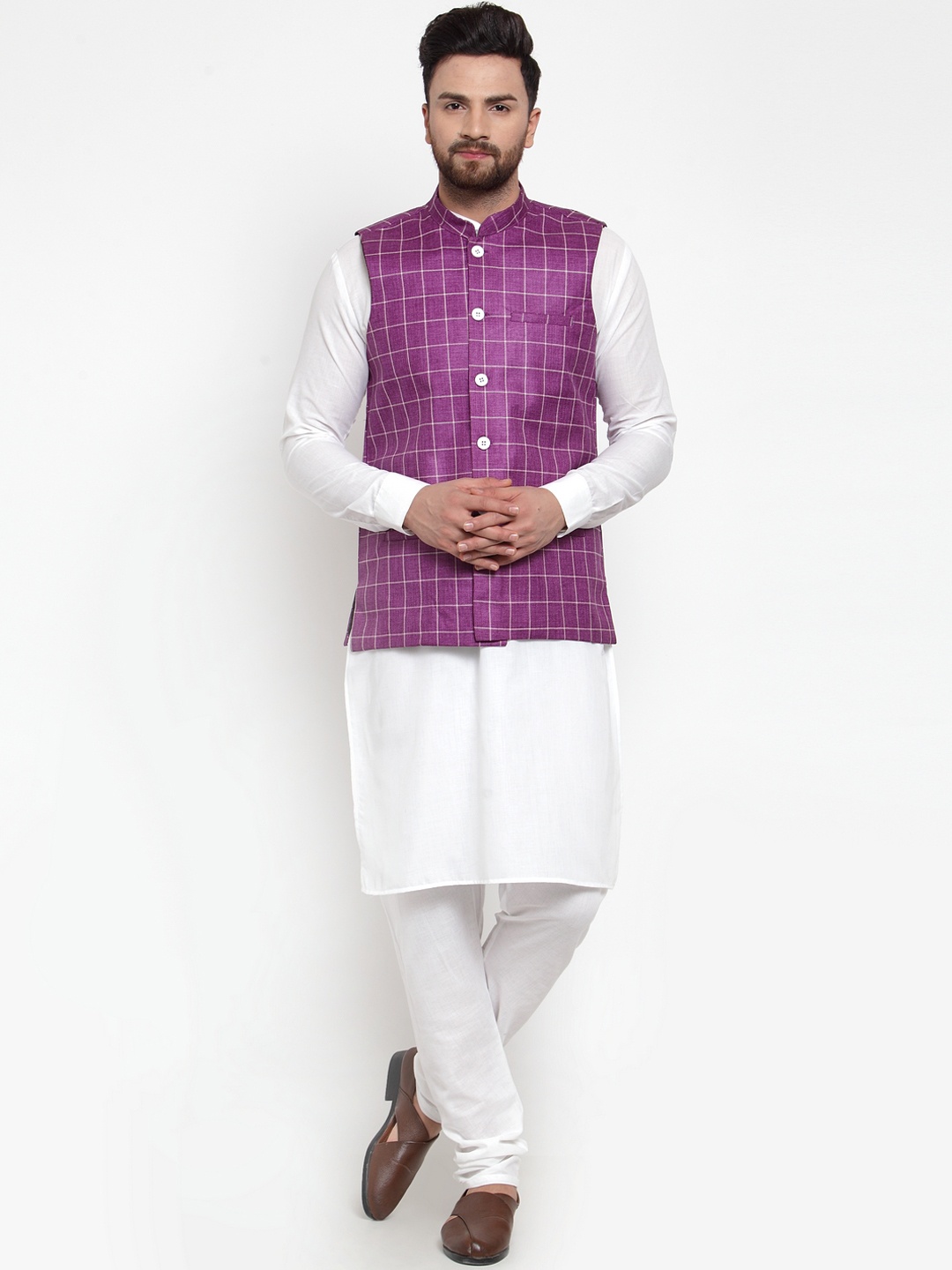 

Jompers Men White & Purple Solid Kurta with Churidar And Nehru Jacketpmr