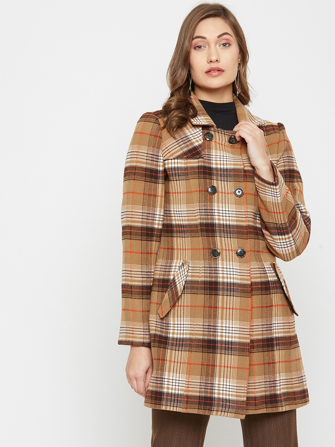 

Marie Claire Women Brown & White Checked Double-Breasted Longline Overcoat