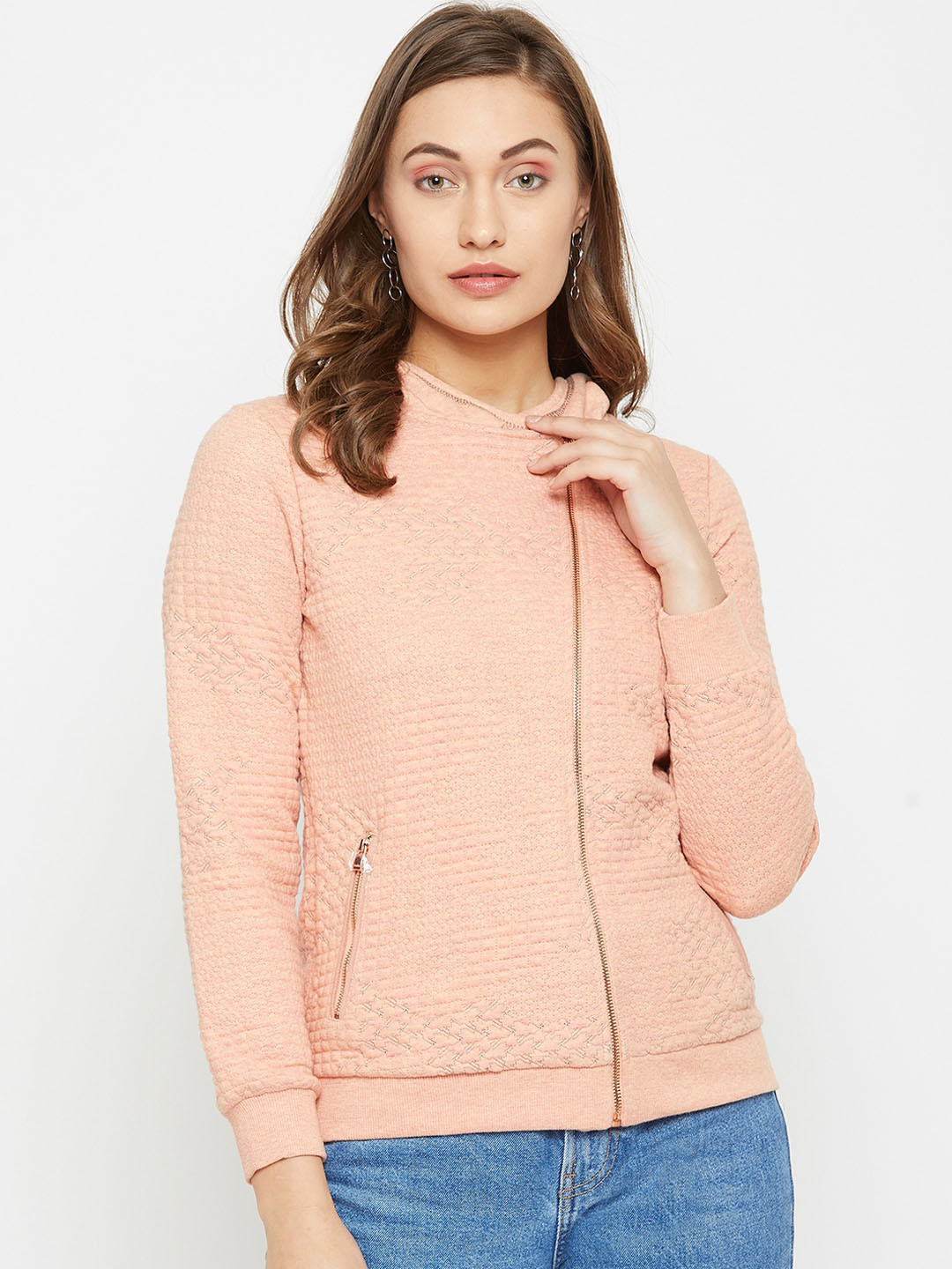 

Carlton London Women Peach Self Design Bomber Jacket