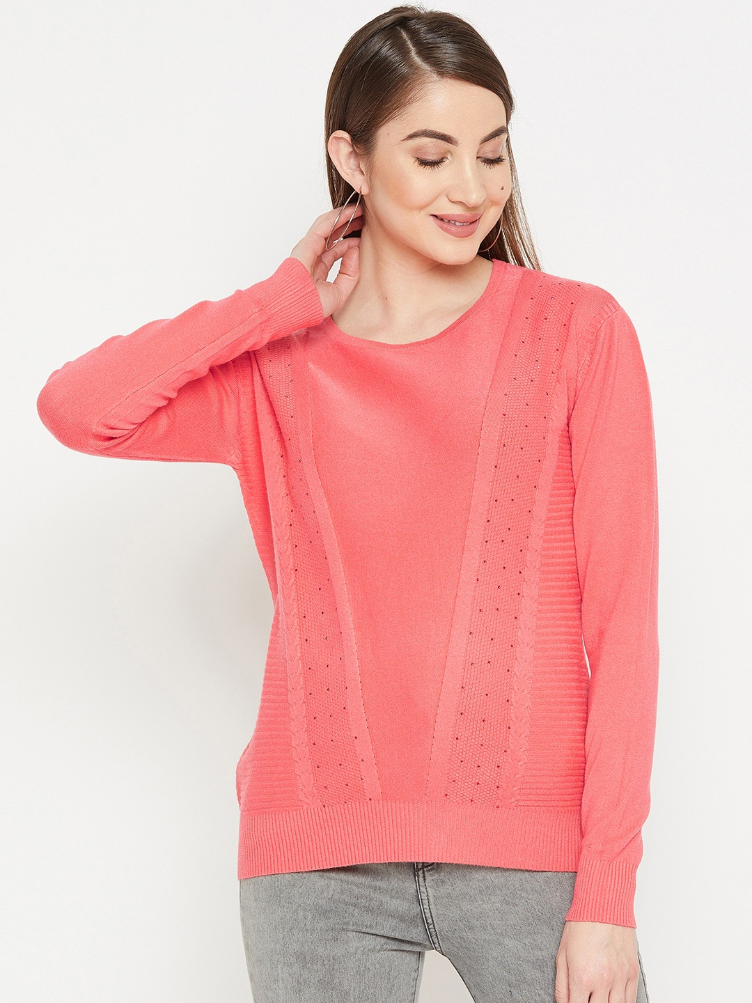 

Carlton London Women Peach-Coloured Self Design Pullover Sweater