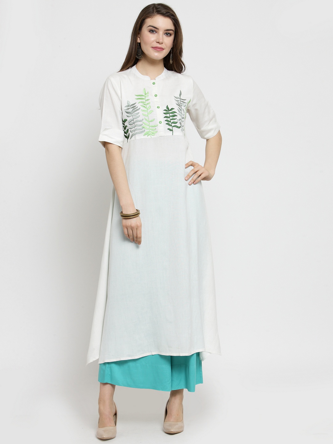 

Varanga Women White & Green Embroidered Kurta with Palazzos