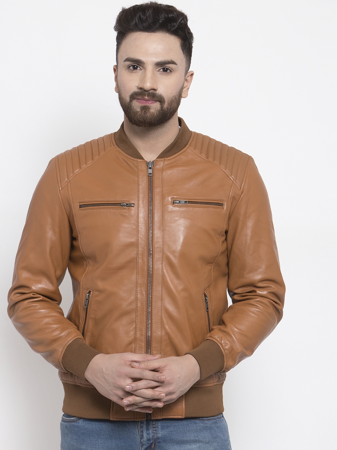 

WELBAWT Men Tan Brown Solid Lightweight Leather Bomber jacket