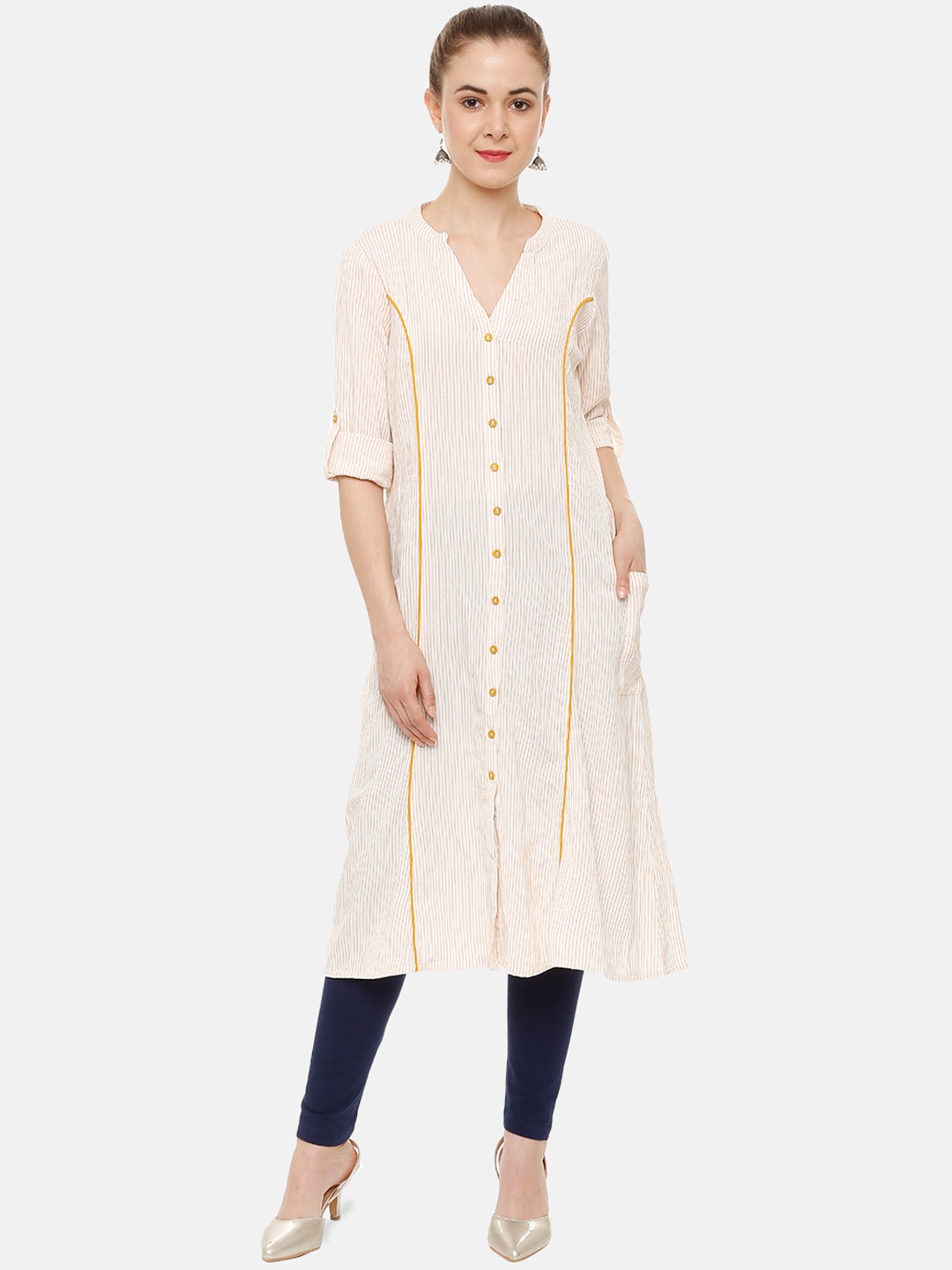 

People Women Beige Striped A-Line Kurta