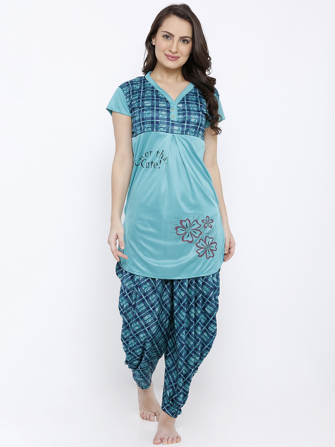 

Pretty Awesome Women Teal Green Checked Night suit
