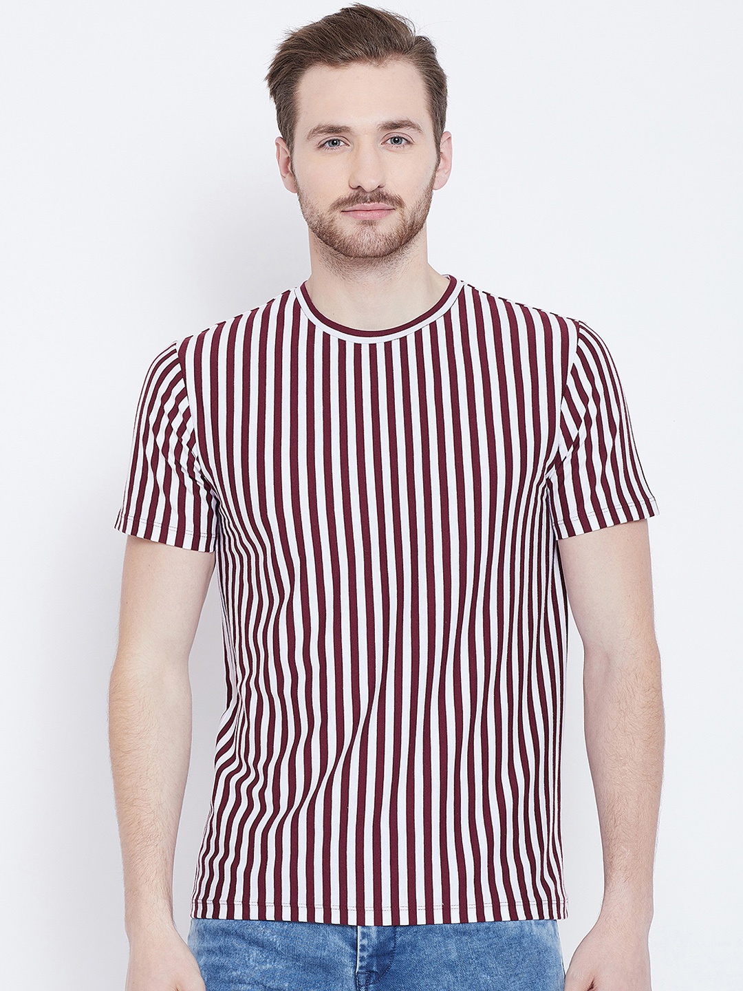 

LE BOURGEOIS Men Maroon Striped Round Neck Pure Cotton T-shirt