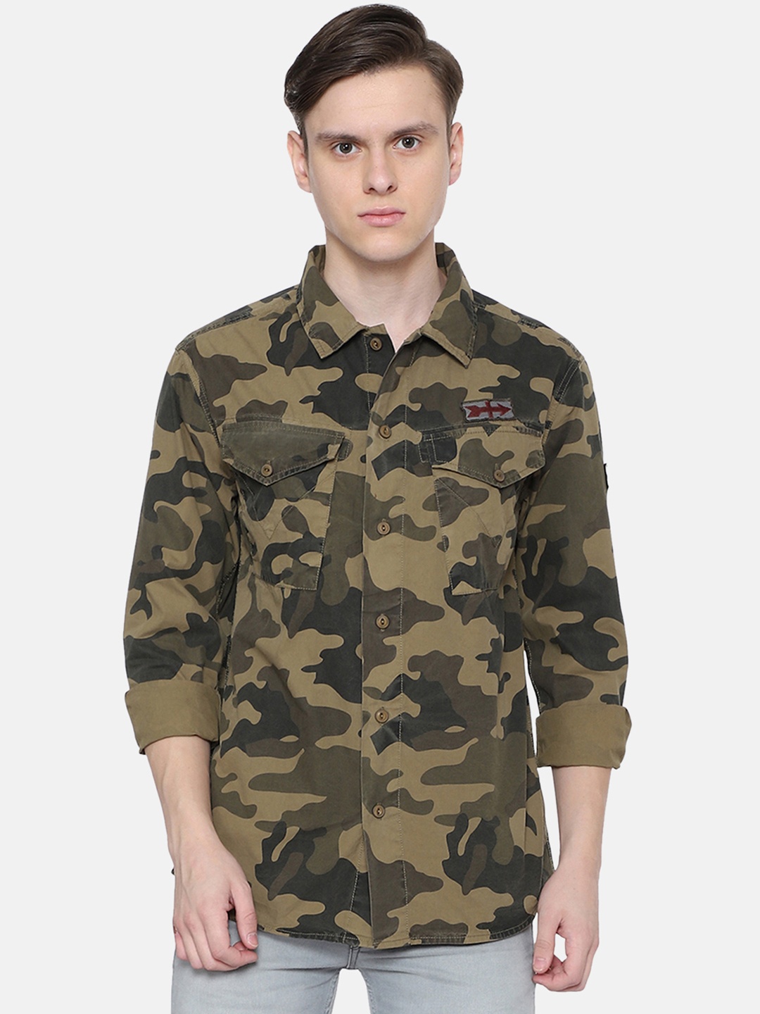 

People Men Olive Green & Beige Slim Fit Printed Casual Shirt