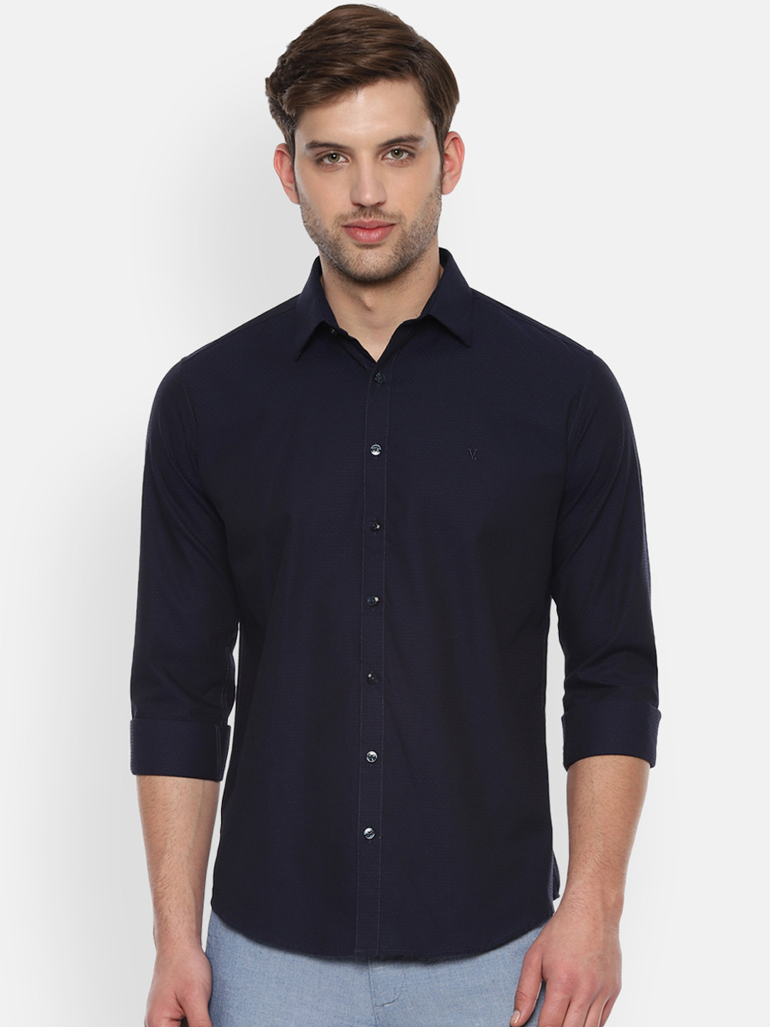 

V Dot Men Navy Blue Slim Fit Self Design Casual Shirt