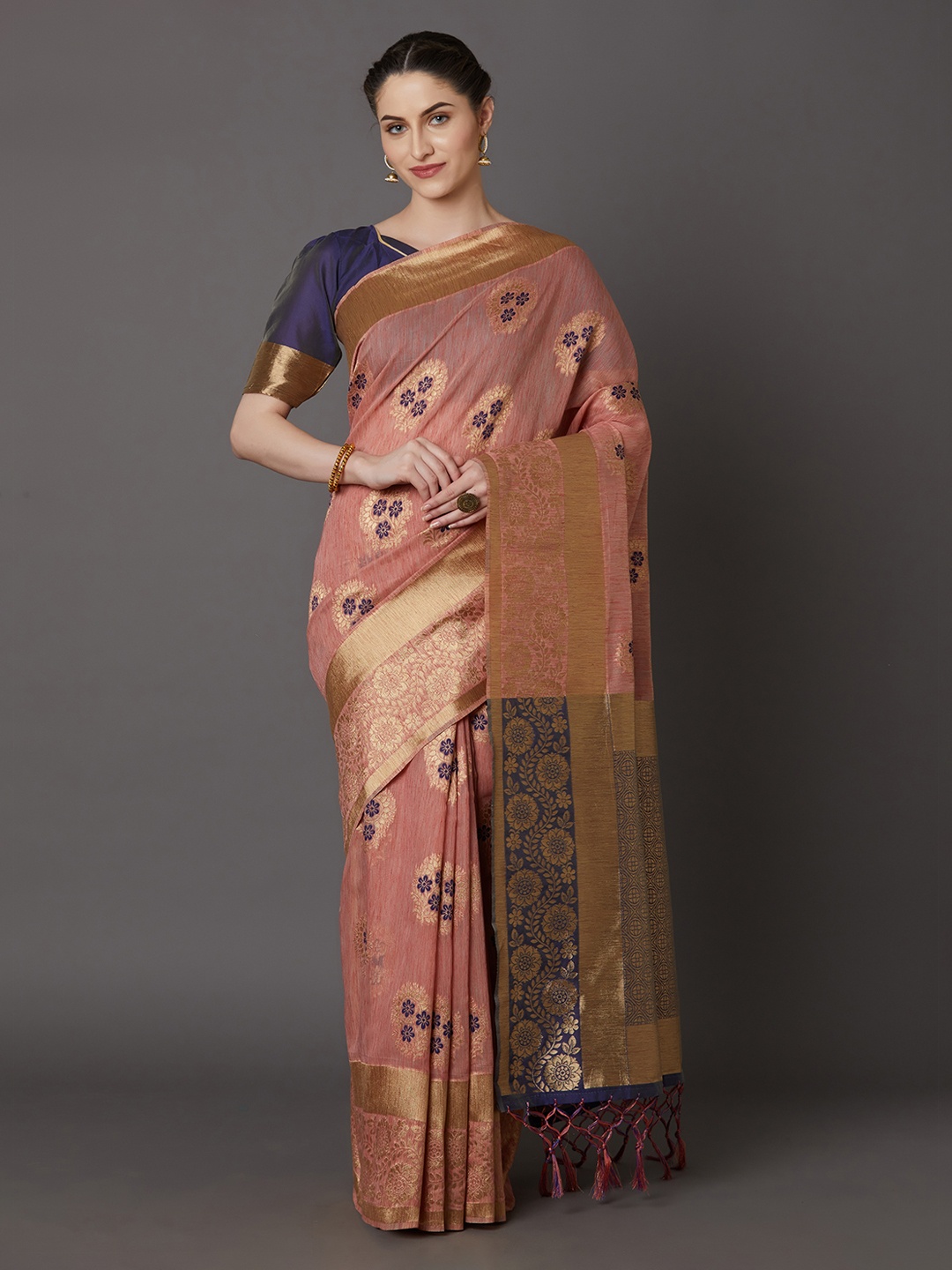 

Mitera Peach-Coloured Silk Blend Woven Design Kanjeevaram Saree