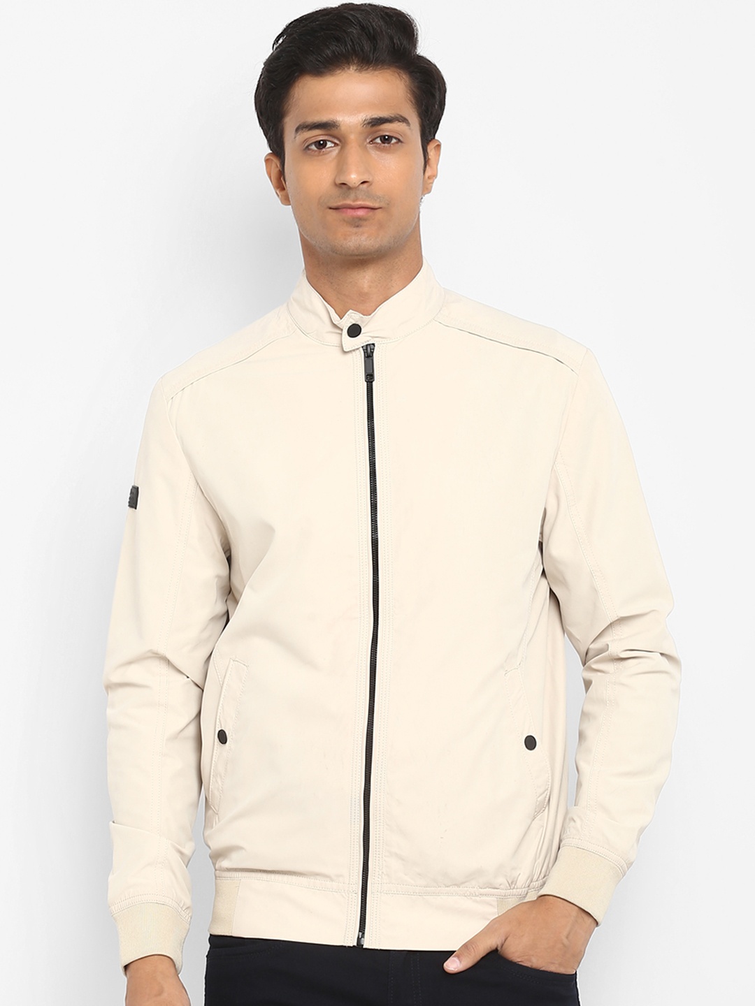 

Mufti Men Cream-Coloured Solid Bomber Jacket