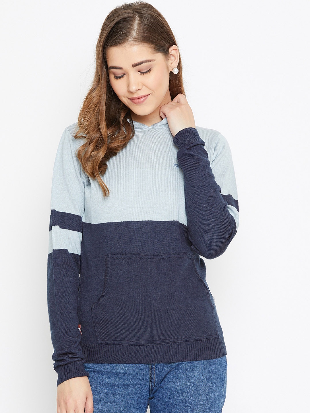 

JUMP USA Women Blue Colourblocked Hooded Pullover Sweater