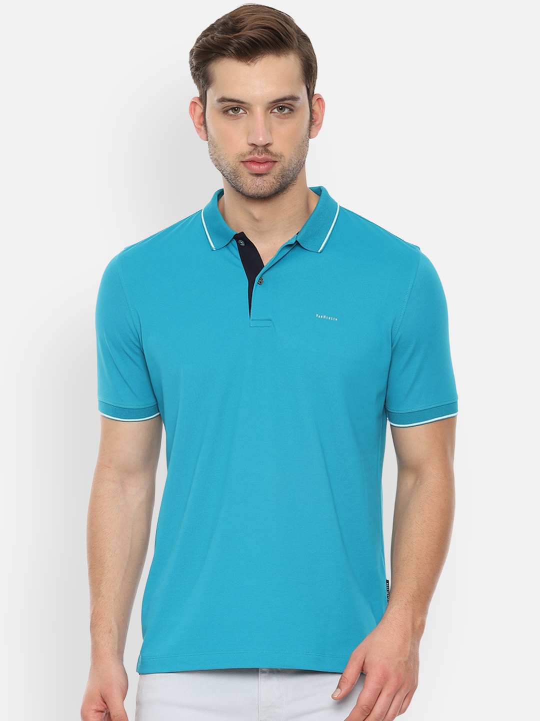 

Van Heusen Men Blue Solid Polo Collar T-shirt