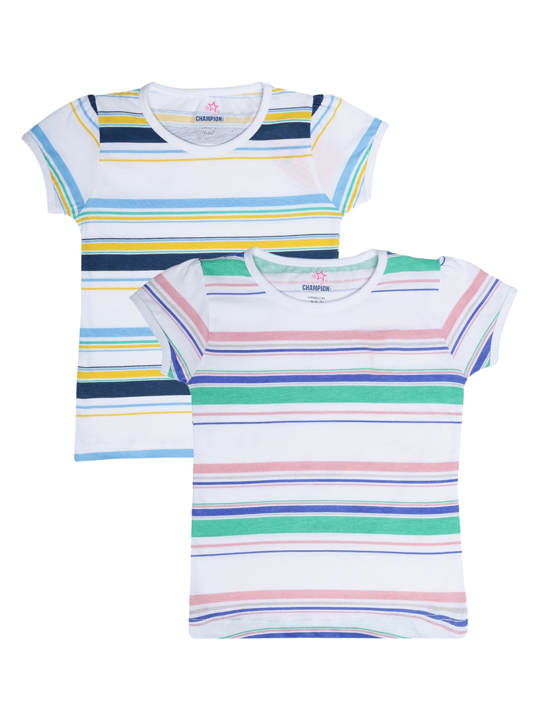 

Dollar Champion Kidswear Girls Pack Of 2 Striped Pure Cotton T-shirts, Off white