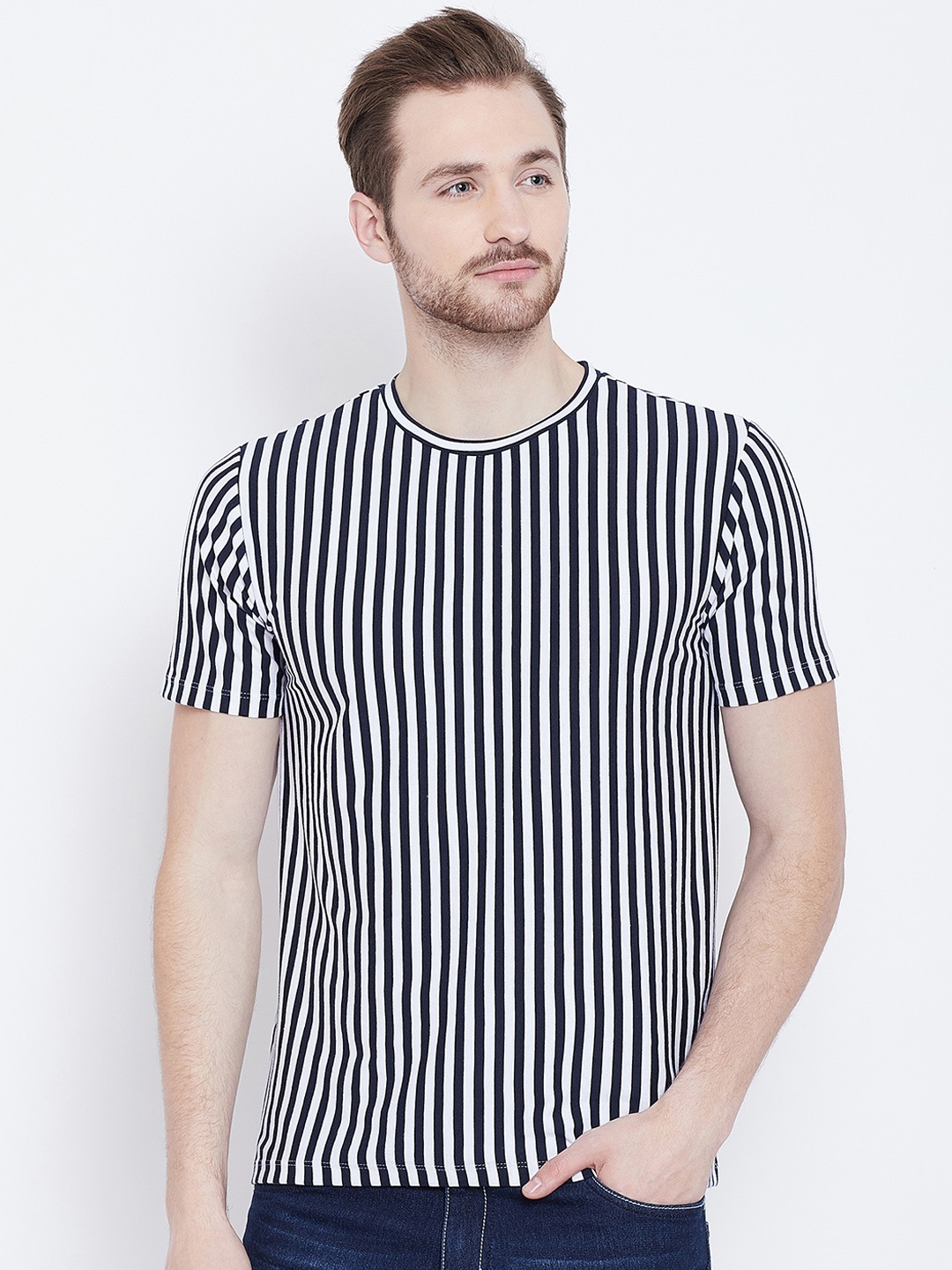 

LE BOURGEOIS Men Navy Blue Striped Round Neck Pure Cotton T-shirt